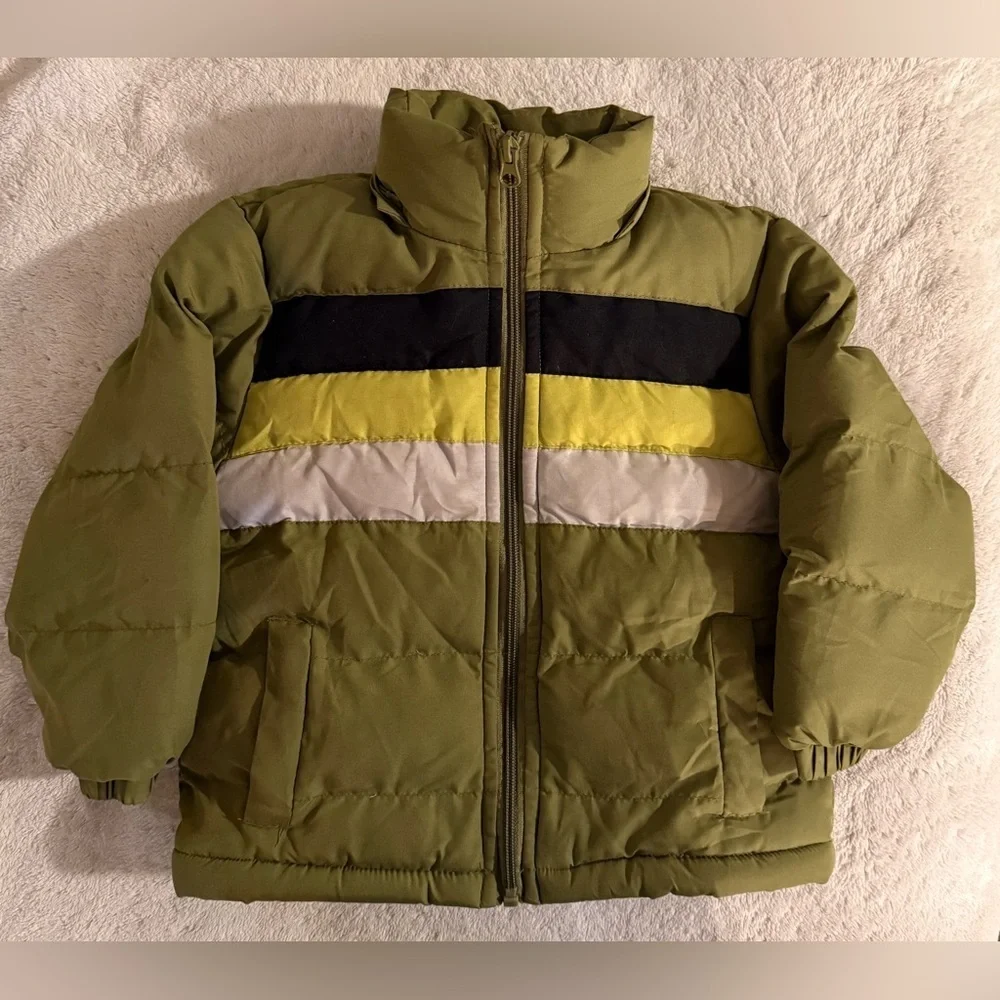 Kids Olive Green Puffer Jacket with Stripes